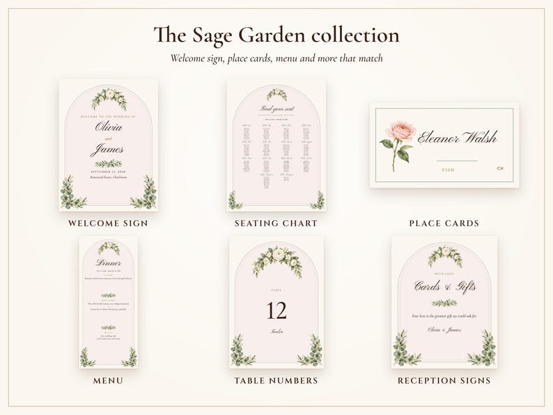 Wedding Seating Chart Template, Guest Names Typeset for You, Sage Garden Watercolor Find Your Seat Cards and Sign, 18x24 24x36 image 8