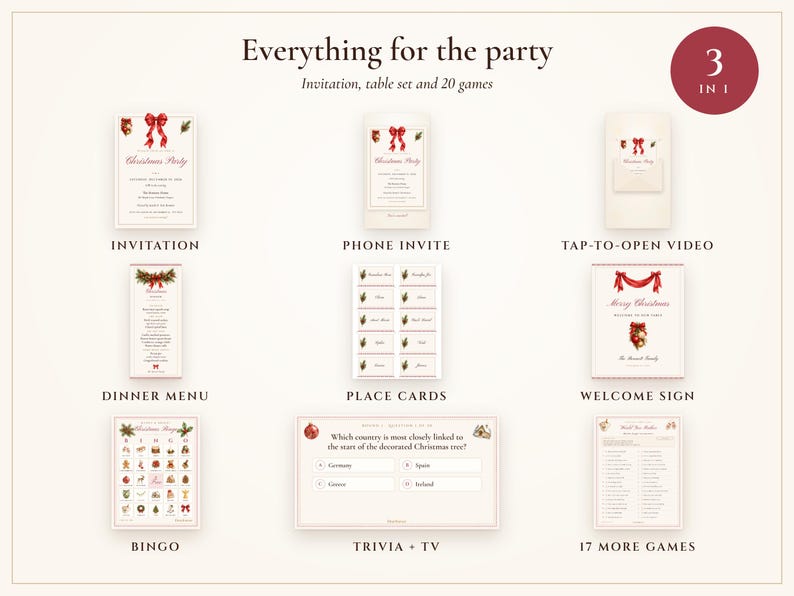 Christmas Party Bundle, Invitation, Dinner Menu, Place Cards and 20 Games, Matching Holiday Party Printables, Done for You image 3