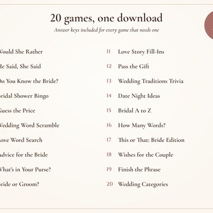Paquete de juegos para despedida de soltera, 20 juegos imprimibles minimalistas con lazo rosa, actividad moderna para despedida de soltera, nombre de la novia añadido. imagen 3