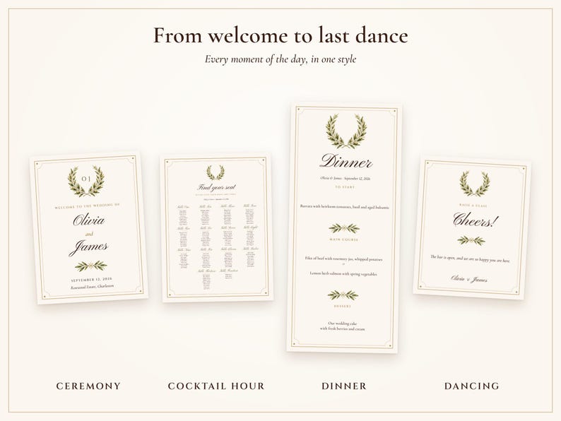 Paquete de letreros para bodas, conjunto de recepción Old Money Ivory con plano de asientos, tarjetas de lugar, letrero de bienvenida y 30 letreros, nombres impresos. imagen 8