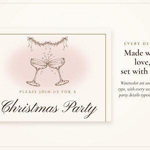 Christmas Cocktail Party Invitation, Blush and Gold Holiday Party Invite, Ink Line Coupe, Printable and Phone Invite 5x7 image 2