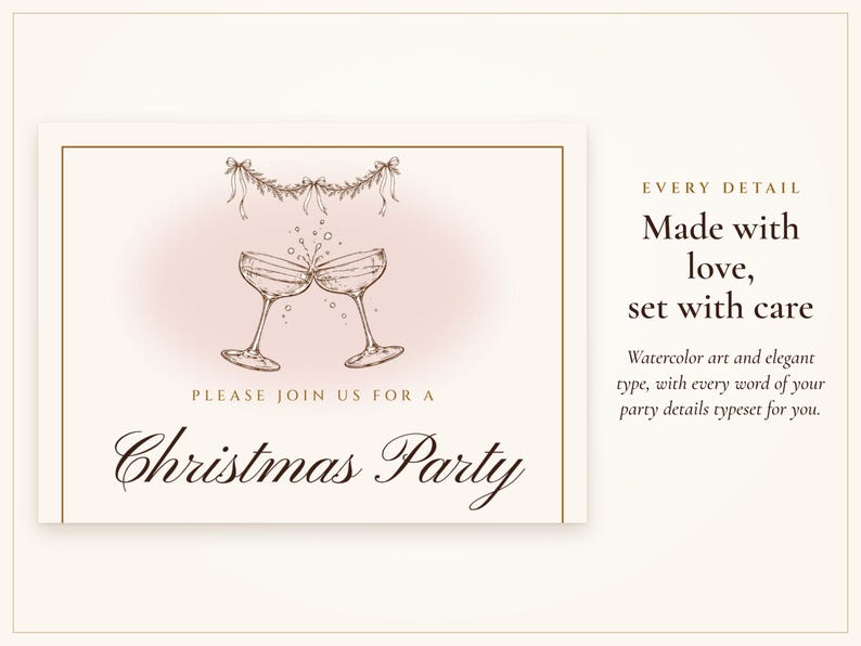 Christmas Cocktail Party Invitation, Blush and Gold Holiday Party Invite, Ink Line Coupe, Printable and Phone Invite 5x7 image 2