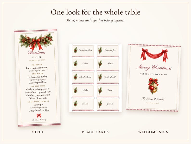 Christmas Dinner Menu and Place Cards Set, Guest Names Printed for You, Holiday Table Menu 4x9, Editable PDF Printable image 4