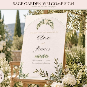 Wedding Welcome Sign Template, Sage Garden Watercolor Welcome to Our Wedding Sign, 18x24 24x36, Names Added for You image 1