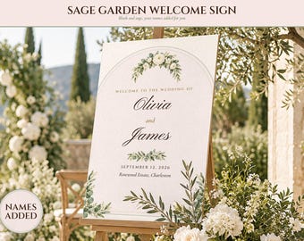 Wedding Welcome Sign Template, Sage Garden Watercolor Welcome to Our Wedding Sign, 18x24 24x36, Names Added for You