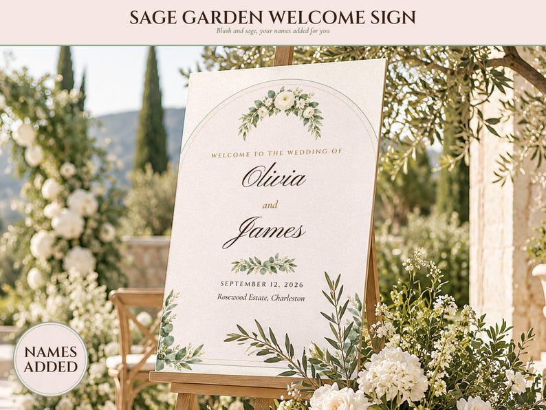 Wedding Welcome Sign Template, Sage Garden Watercolor Welcome to Our Wedding Sign, 18x24 24x36, Names Added for You image 1