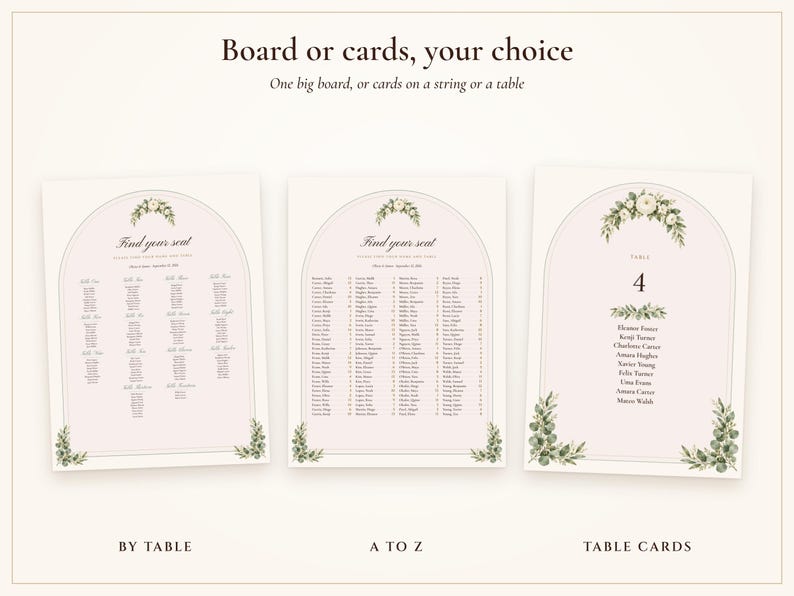 Wedding Seating Chart Template, Guest Names Typeset for You, Sage Garden Watercolor Find Your Seat Cards and Sign, 18x24 24x36 image 4