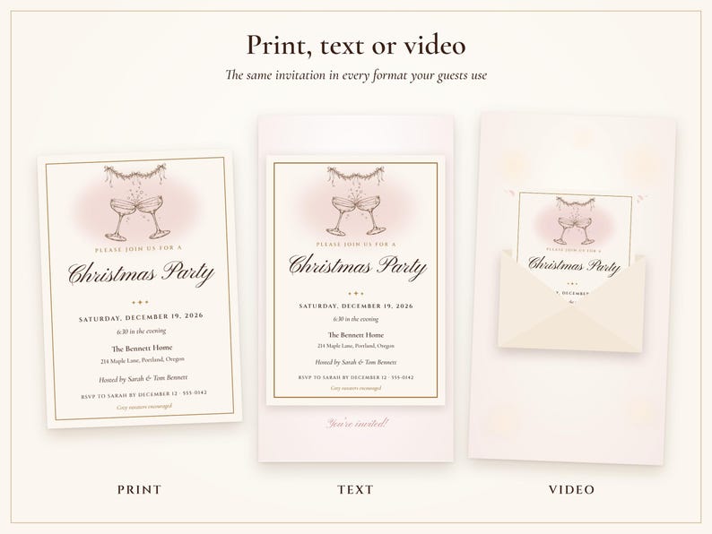 Christmas Cocktail Party Invitation, Blush and Gold Holiday Party Invite, Ink Line Coupe, Printable and Phone Invite 5x7 image 4