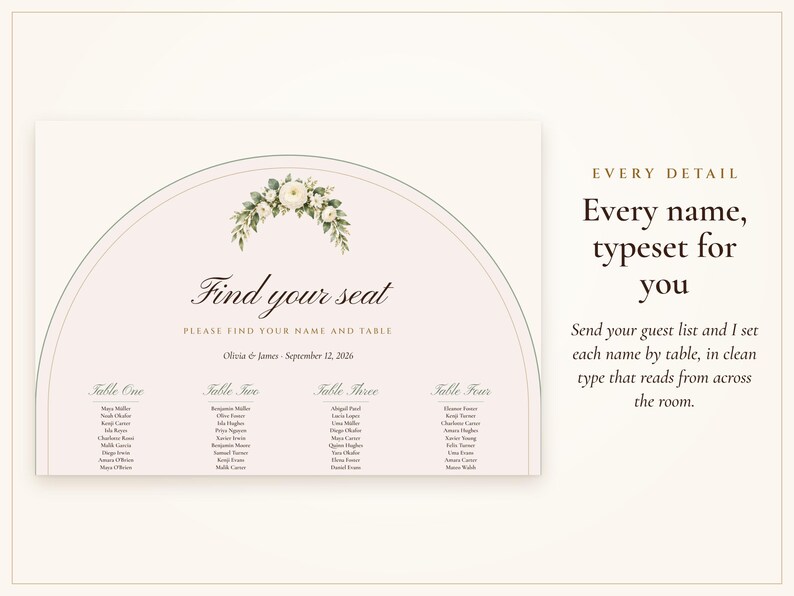 Wedding Seating Chart Template, Guest Names Typeset for You, Sage Garden Watercolor Find Your Seat Cards and Sign, 18x24 24x36 image 2