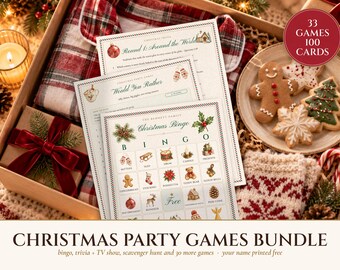 Ensemble de jeux de Noël pour adultes, enfants et bureau : 100 cartes de bingo, quiz télévisé, plus de 30 jeux de Noël à imprimer