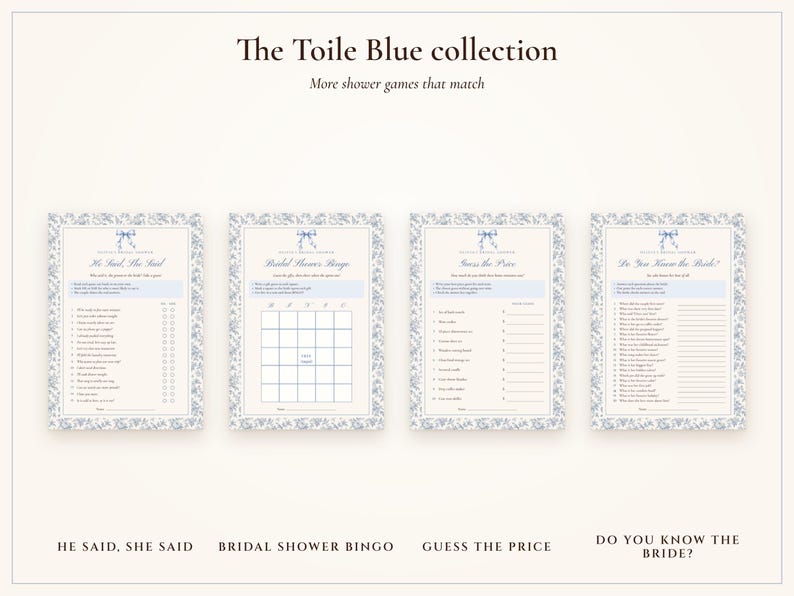 Would She Rather Bridal Shower Game, Something Blue Toile Printable, Bride's Name Added, 5x7 and Letter, Wedding Shower Game image 8