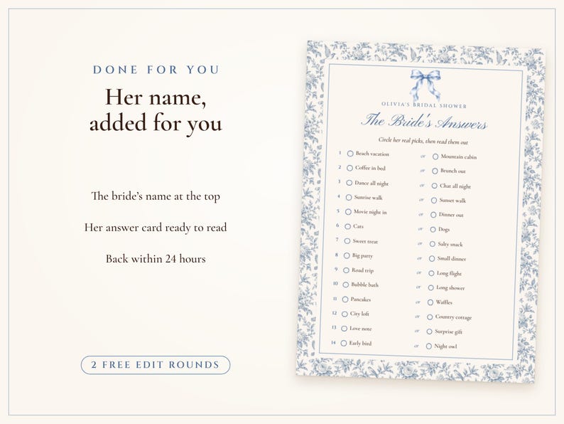 Would She Rather Bridal Shower Game, Something Blue Toile Printable, Bride's Name Added, 5x7 and Letter, Wedding Shower Game image 7