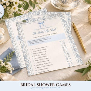 Bridal Shower Games Bundle, 20 Printable Games, Something Blue Toile, Bride's Name Added for You, Would She Rather and Bingo image 1