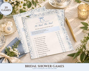 Bridal Shower Games Bundle, 20 Printable Games, Something Blue Toile, Bride's Name Added for You, Would She Rather and Bingo