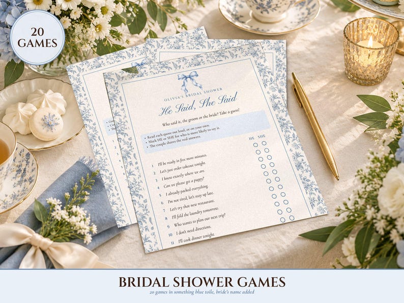 Bridal Shower Games Bundle, 20 Printable Games, Something Blue Toile, Bride's Name Added for You, Would She Rather and Bingo image 1