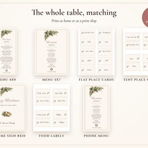 Plantilla de menú navideño con tarjetas de mesa, menú de cena navideña en tonos rosa y dorado, nombres impresos, elegante juego de mesa. imagen 3