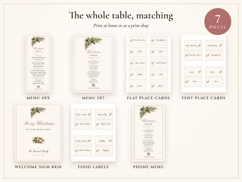 Plantilla de menú navideño con tarjetas de mesa, menú de cena navideña en tonos rosa y dorado, nombres impresos, elegante juego de mesa. imagen 3