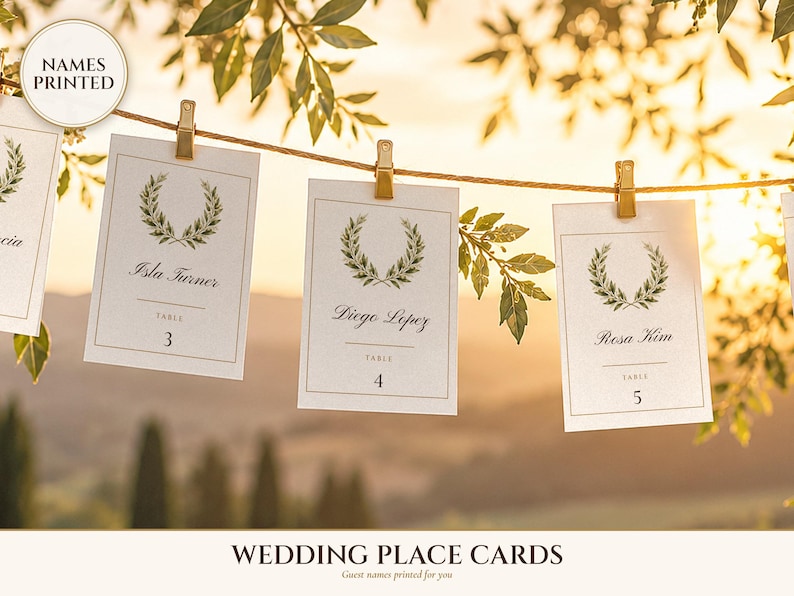 Tischkarten für die Hochzeit, Gästenamen, bedruckt, Namenskarten im Vintage-Stil (Elfenbein, flach und gefaltet), Hängende Gästeanhänger Bild 1