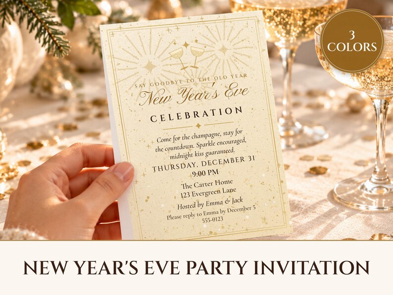New Year's Eve Party Invitation Printable, Champagne Sparkle NYE Countdown Party Invite 5x7, Instant Download PDF and Phone Text Invite image 1