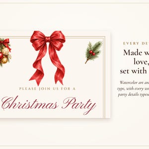 Invitación para fiesta de Navidad, invitación para fiesta navideña con lazo rojo, invitación imprimible y por mensaje de texto, lista para usar, editable 5x7 imagen 2