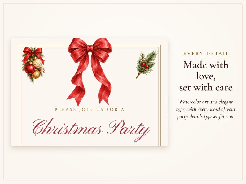Invitación para fiesta de Navidad, invitación para fiesta navideña con lazo rojo, invitación imprimible y por mensaje de texto, lista para usar, editable 5x7 imagen 2