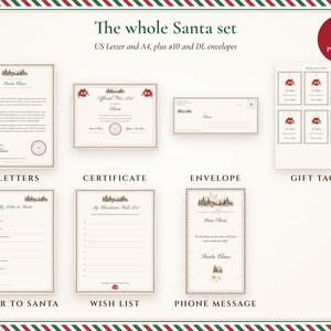 Everything included in the Santa set: letter in 3 versions, Nice List certificate, North Pole envelope, gift tags, letter to Santa, wish list and phone message