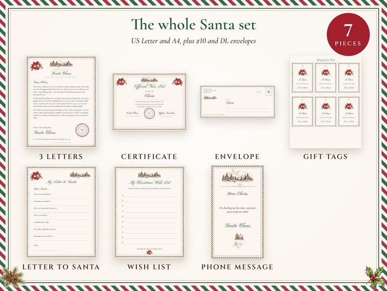 Everything included in the Santa set: letter in 3 versions, Nice List certificate, North Pole envelope, gift tags, letter to Santa, wish list and phone message