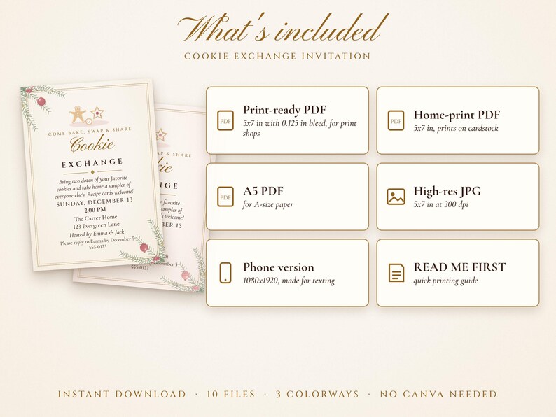 Christmas Cookie Exchange Invitation Printable, Elegant Ivory & Gold, Holiday Cookie Swap Party Invite 5x7 image 3