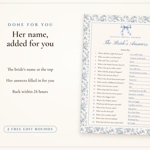 How Well Do You Know the Bride Game, Bridal Shower Trivia Printable, Something Blue Toile, Bride's Name Added, 5x7 and Letter image 7