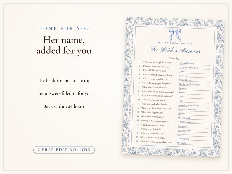 How Well Do You Know the Bride Game, Bridal Shower Trivia Printable, Something Blue Toile, Bride's Name Added, 5x7 and Letter image 7