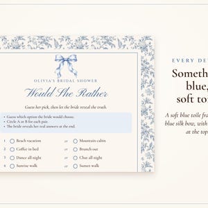 Would She Rather Bridal Shower Game, Something Blue Toile Printable, Bride's Name Added, 5x7 and Letter, Wedding Shower Game image 2
