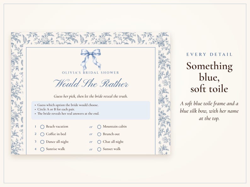 Would She Rather Bridal Shower Game, Something Blue Toile Printable, Bride's Name Added, 5x7 and Letter, Wedding Shower Game image 2