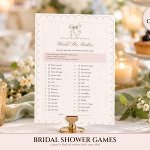 Paquete de juegos para despedida de soltera, 20 juegos imprimibles minimalistas con lazo rosa, actividad moderna para despedida de soltera, nombre de la novia añadido. imagen 1
