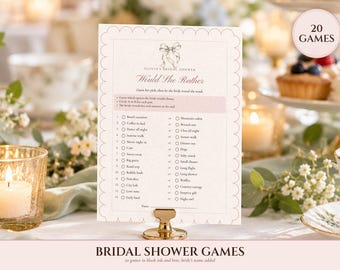 Bridal Shower Games Bundle, 20 Minimalist Printable Games with Blush Bow, Modern Bridal Shower Activity, Bride's Name Added