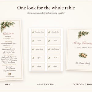 Plantilla de menú navideño con tarjetas de mesa, menú de cena navideña en tonos rosa y dorado, nombres impresos, elegante juego de mesa. imagen 4