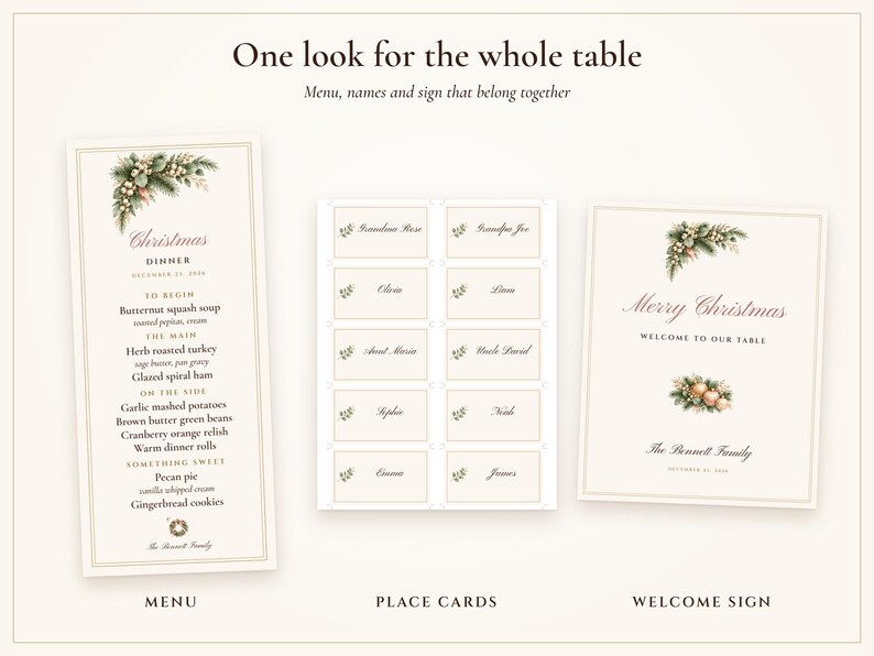 Plantilla de menú navideño con tarjetas de mesa, menú de cena navideña en tonos rosa y dorado, nombres impresos, elegante juego de mesa. imagen 4