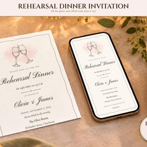 Rehearsal Dinner Invite, Ink Line Wine Glass Night Before Wedding Invitation, Phone and 5x7 Printable, Done for You image 1