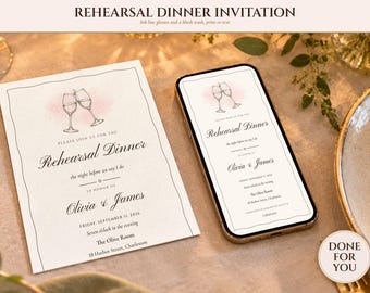 Rehearsal Dinner Invite, Ink Line Wine Glass Night Before Wedding Invitation, Phone and 5x7 Printable, Done for You