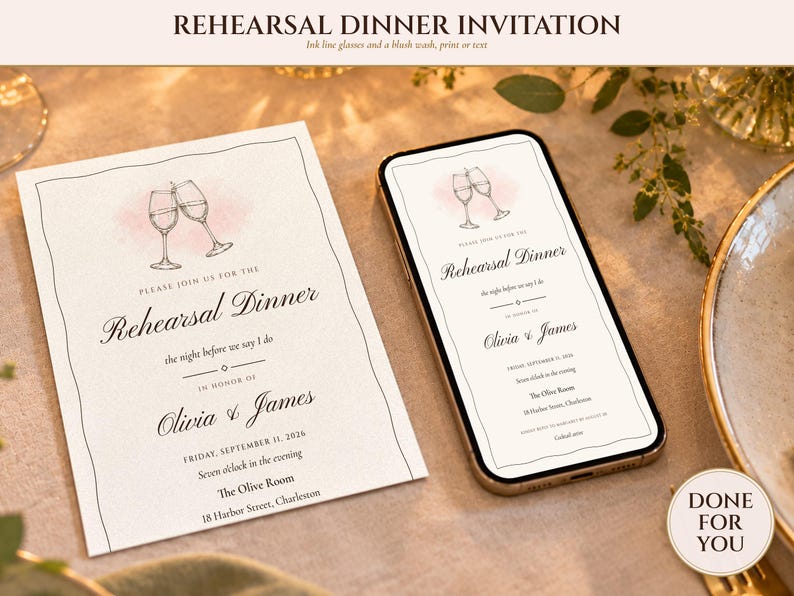 Rehearsal Dinner Invite, Ink Line Wine Glass Night Before Wedding Invitation, Phone and 5x7 Printable, Done for You image 1