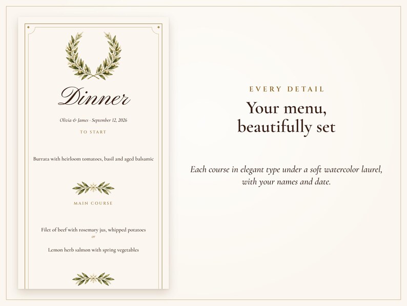 Modelo de cardápio de casamento, cartão de menu para jantar Old Money Ivory 4x9, seu cardápio diagramado para você, cardápio de recepção elegante imagem 2