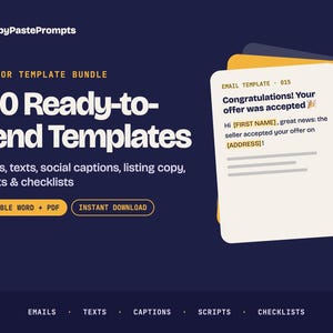 Może przedstawiać: Cyfrowy pakiet szablonów o nazwie CopyPastePrompts Realtor Template Bundle zawierający 100 gotowych do wysłania szablonów e-maili, tekstów, podpisów w mediach społecznościowych, opisów ofert, skryptów i list kontrolnych. Zawiera przykład.