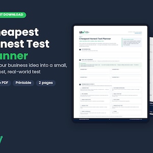 Op de afbeelding: Een tweepaginalang invulbaar en printbaar PDF-document getiteld Cheapest Honest Test Planner. De lay-out bevat secties voor bedrijfsassumpties, testmethoden en klantfeedback, met het LBW-logo aan de boven- en onderkant.