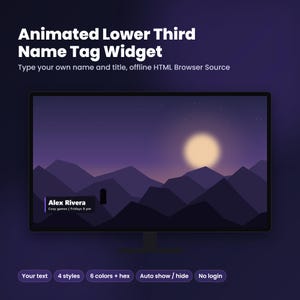 Peut inclure: Un widget de bandeau inférieur animé affiché sur un écran d'ordinateur. L'écran montre un paysage de montagne la nuit avec un ciel violet et une lune brillante. Le widget affiche le texte Alex Rivera, Cozy games | Fridays 8 pm.