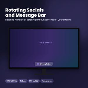 Könnte beinhalten: Ein digitaler Bildschirm mit Rotating Socials and Message Bar für Streaming. Das Display zeigt einen violetten Farbverlauf, den Text YOUR STREAM und eine untere Leiste mit einem Kamerasymbol sowie dem Benutzernamen @yourphotos.