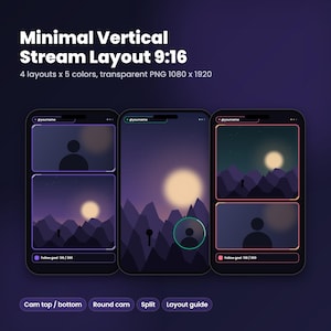 May include: A digital graphic set titled Minimal Vertical Stream Layout 9:16, featuring three smartphone-shaped frames with purple mountain backgrounds, user profile icons, and follow goal progress bars labeled 128/200.