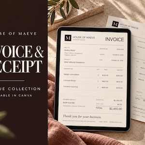 インテリアデザイン用請求書＆領収書セット、ミニマルなCanvaテンプレート（デジタルダウンロード）