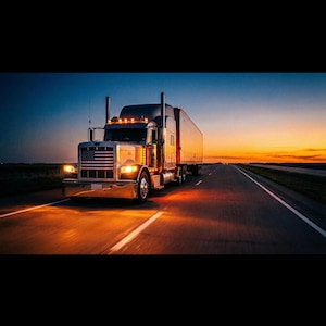 May include: A silver semi-truck with a trailer driving on a highway at sunset. The truck features a chrome grille with an American flag emblem, illuminated amber clearance lights, and bright headlights casting a warm glow on the asphalt road.