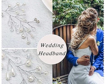 Bridal Long Hair Vine, Wedding Headband, Gold Silver Bride Hair Accessory, Boho Bridal Jewelry, Pearl Crystal Rhinestone Wedding Hair Vine