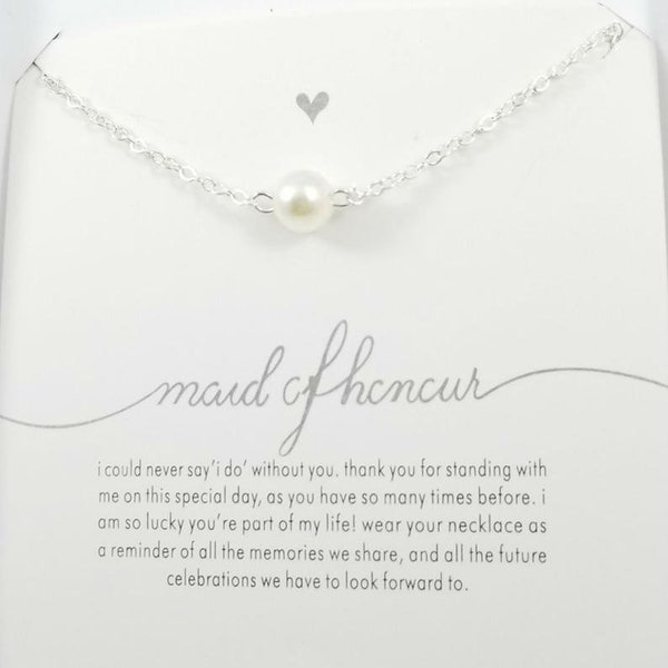 Maid of Honor Necklace Pearl in Silver or Gold - Maid of Honor Gift w Thank You Card - Bridal Party Jewelry Wedding Favor, Bridal Party Gift