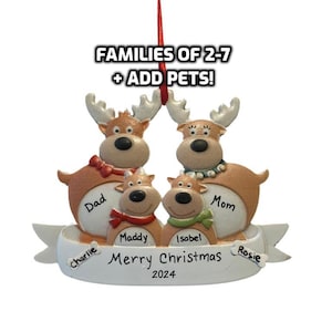 Family Christmas Ornament, 2024 Personalized Family Ornament with Pets, Custom Reindeer Ornament Family of 2 3 4 5 6 7 Kids Add Pets Names